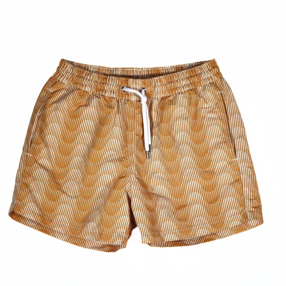 ⁠Frescobol Carioca Mens Swim Shorts Medium M Yellow Geometric Wave Mesh Trunks⁠